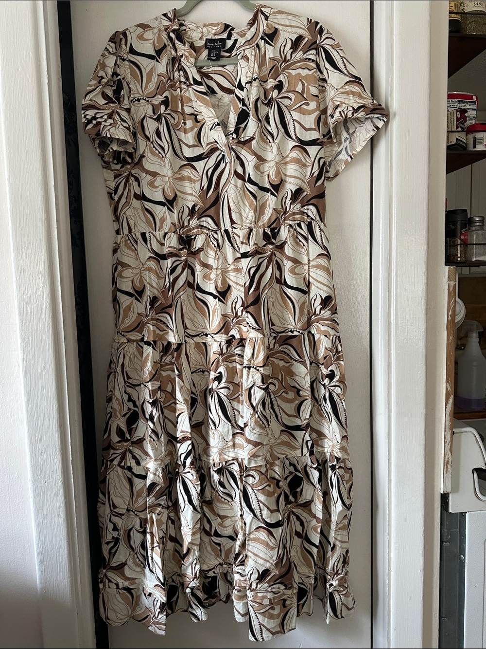 Nicole Miller Tan, Cream & Brown Swirl-Print Tiered Midi Dress